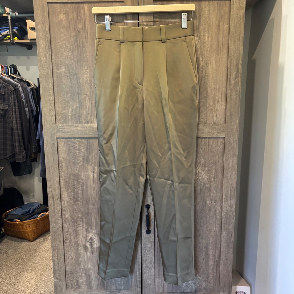 Reiss Olive Bronze Satin Pleated High Rise Straight Leg Trousers Size 0